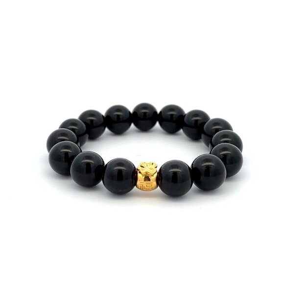 Real 18K Gold Money Bag Charm Onyx Gemstones 10mm Lucky Charm Elastic Bracelet - Picture 1 of 5